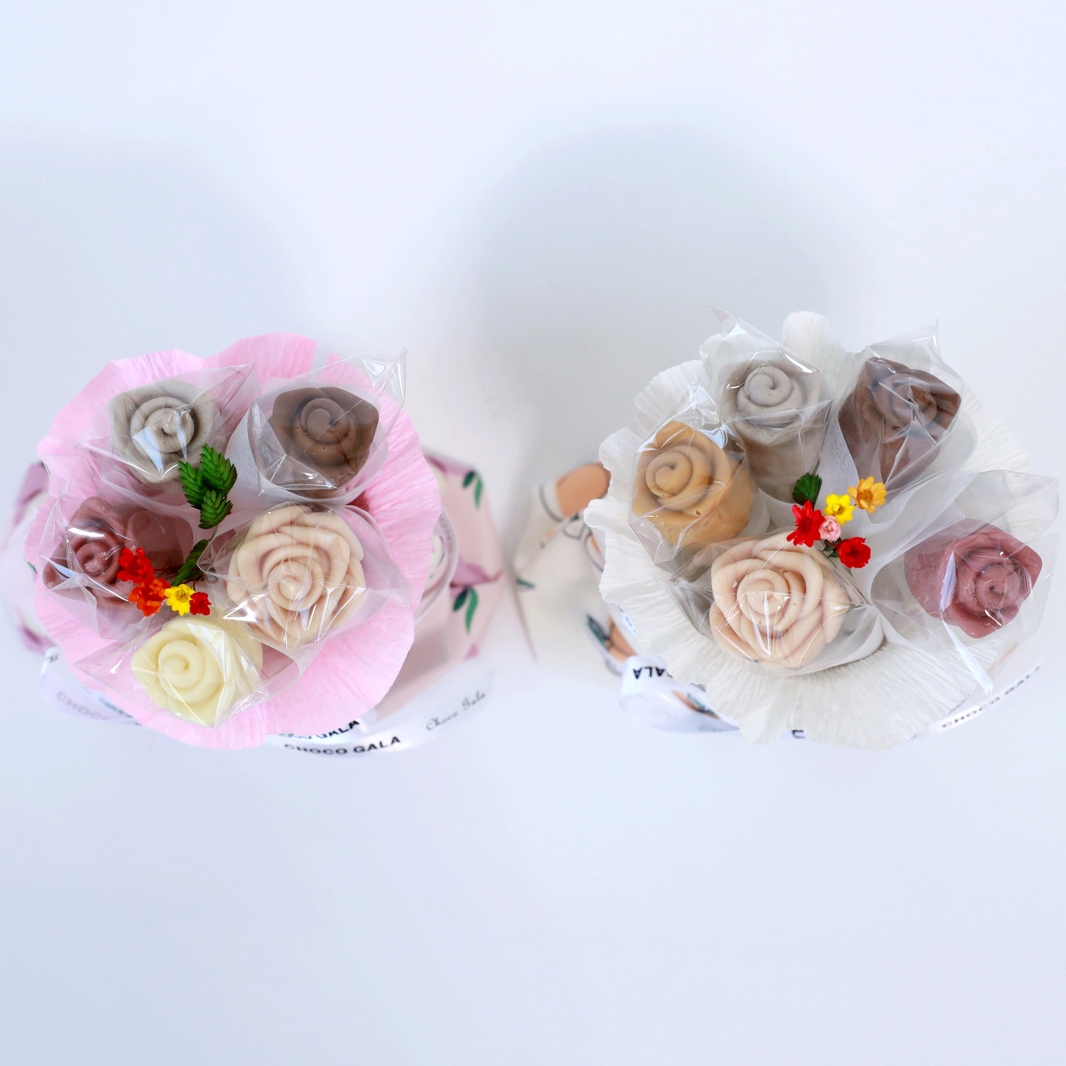 Close-up of milk, dark, and white chocolate roses in a reusable water-resistant pouch bag